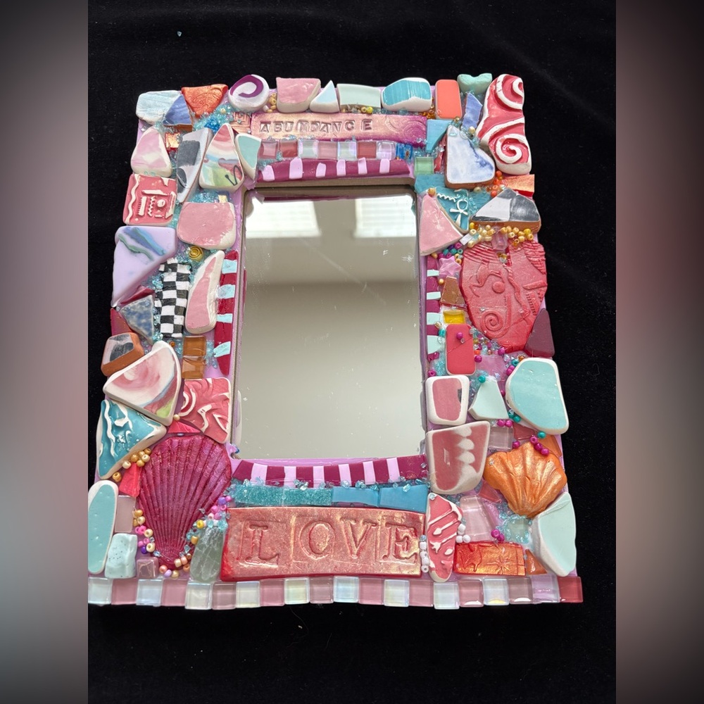 Handmade Mosaic “ Love & Abundance “Polymer Clay Mirror OriginalOn Wood 8”x10”